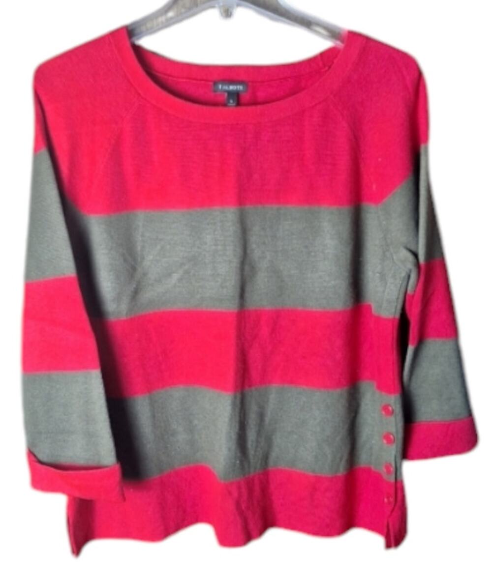Talbots Women Large Red/ Brown Striped Knit 3/4 Length Sleeve Button Sweater